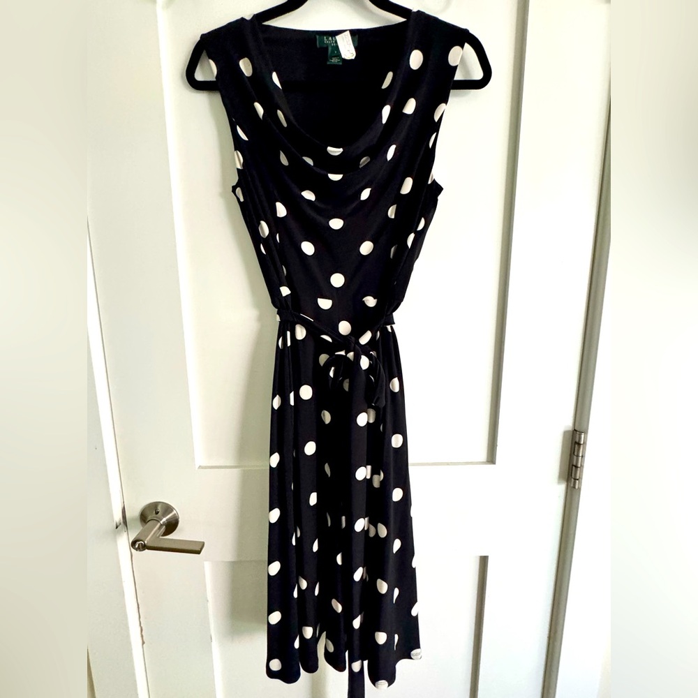 Lauren Ralph Lauren Polka Dot Cowl Neck Midi Dress Size 2